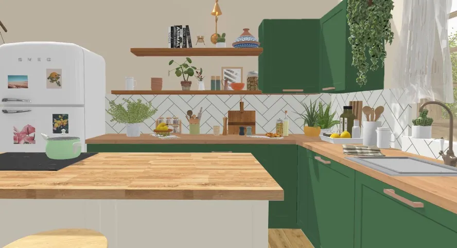Boceto 3D de la cocina: muebles verdes y estantes de madera.