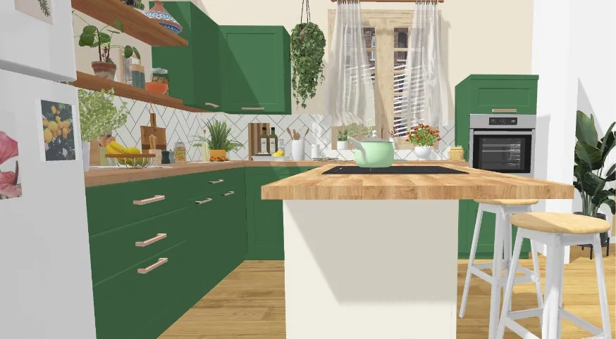 Boceto 3D: la isla y la cocina, vista lateral.