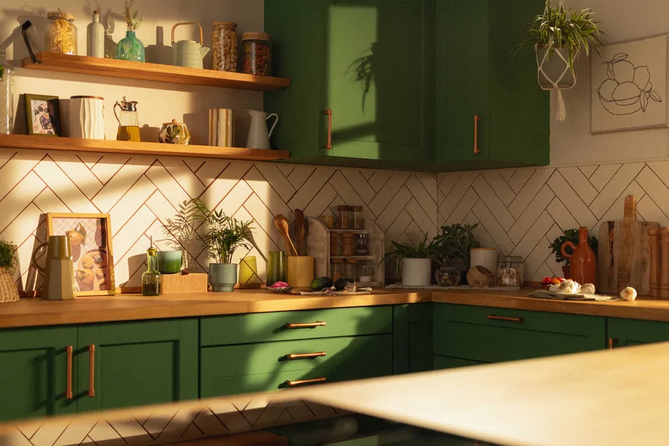 La cocina terminada con la luz del rodaje.